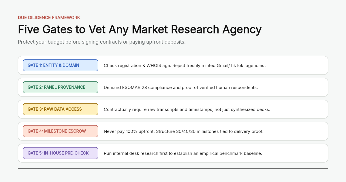 A five-gate due diligence framework for vetting market research partners before signing contracts