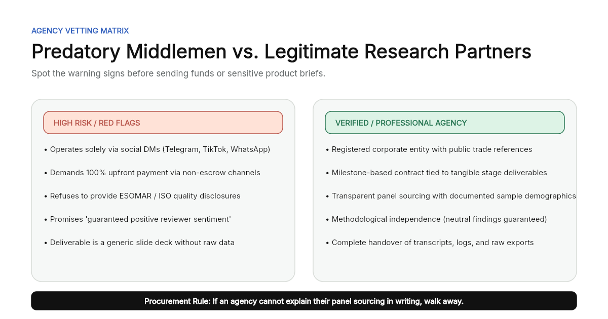 Comparison matrix showing red flags of predatory middlemen versus verified professional market research agencies