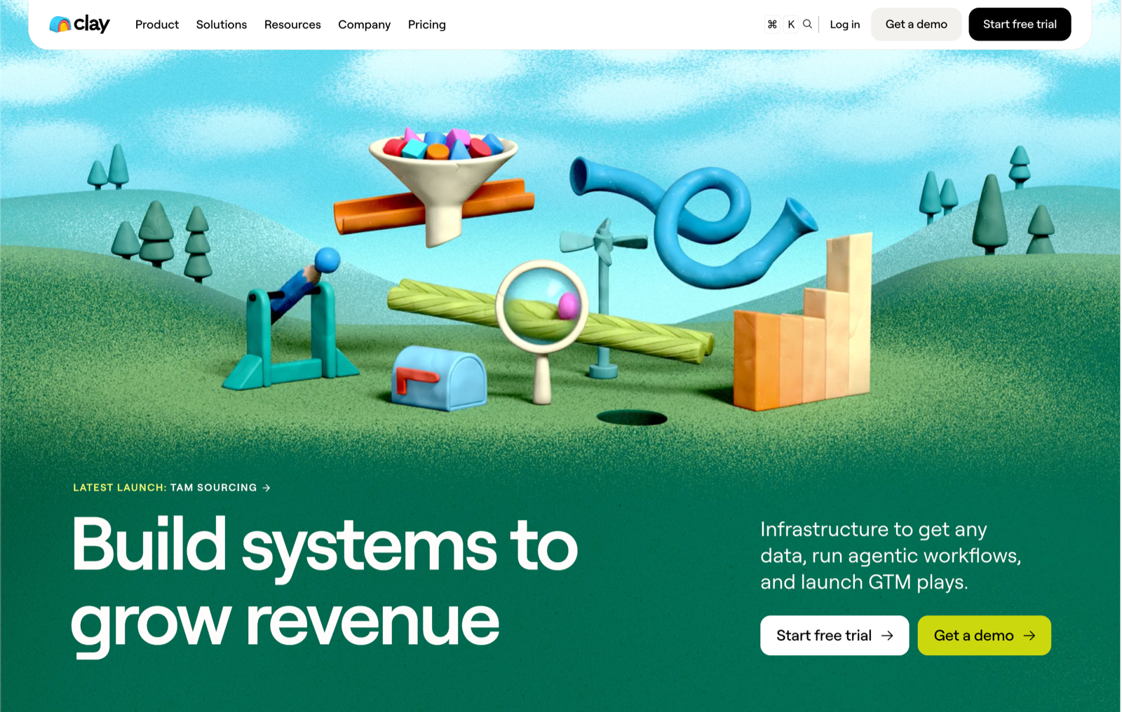 Clay homepage showing systems for data, agentic workflows, and go-to-market programs