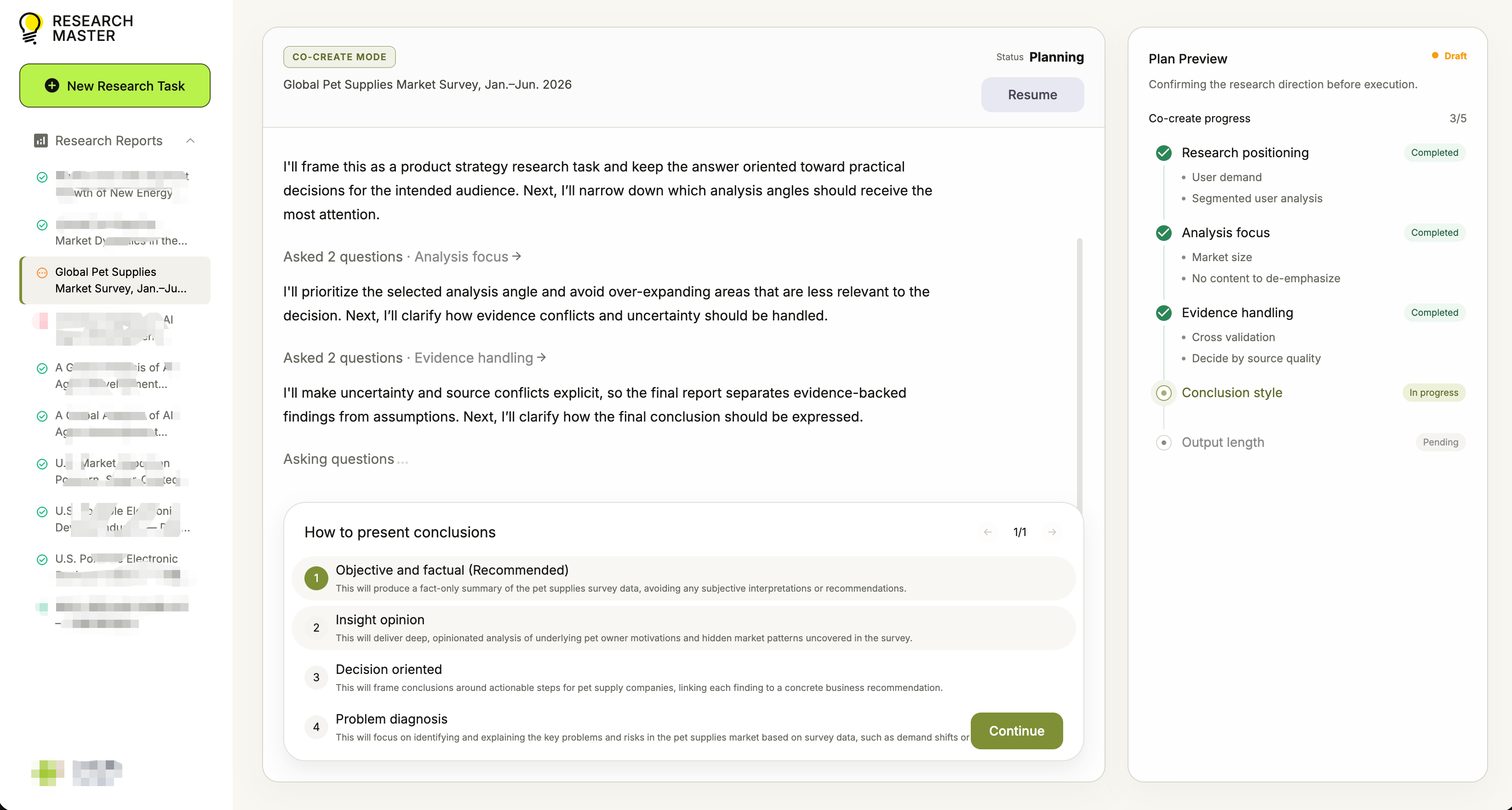 ResearchMaster Co-create Mode plan preview for confirming research positioning, analysis focus, evidence handling, conclusion style, and output length