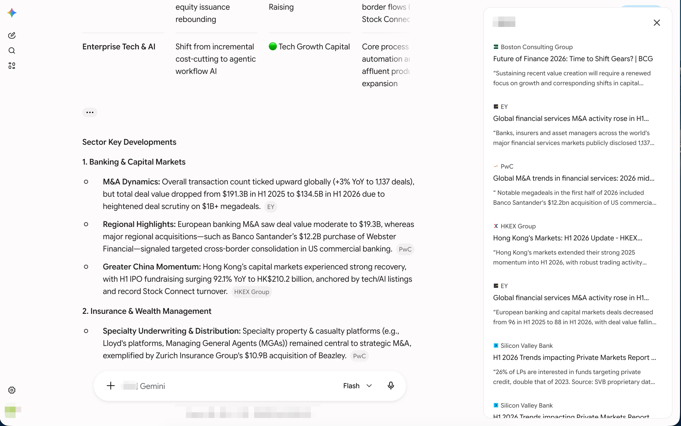 Google Gemini financial services report with a source panel beside the generated summary