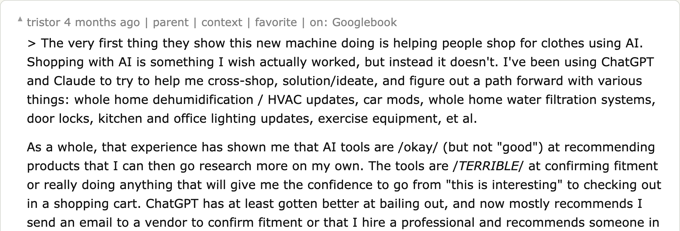Hacker News comment describing the use of ChatGPT and Claude for shopping research and the difficulty of getting purchase confidence