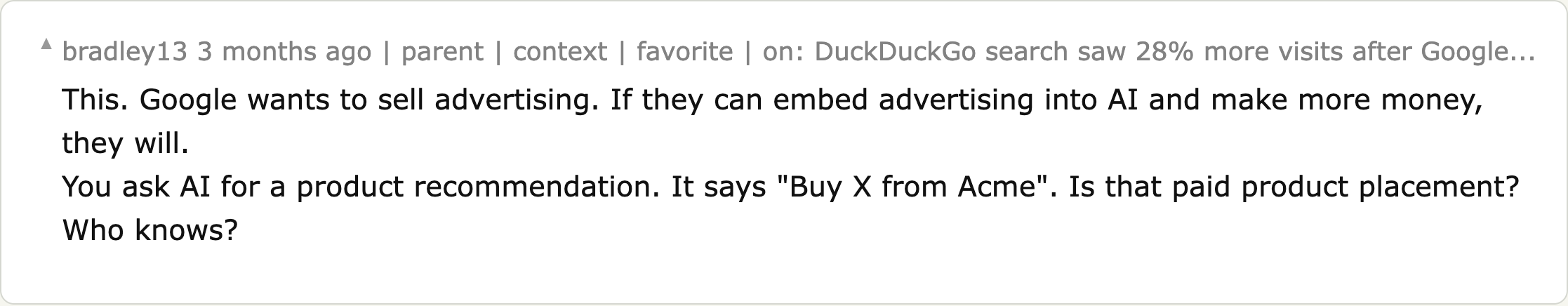 Hacker News comment asking whether an AI product recommendation could be paid product placement