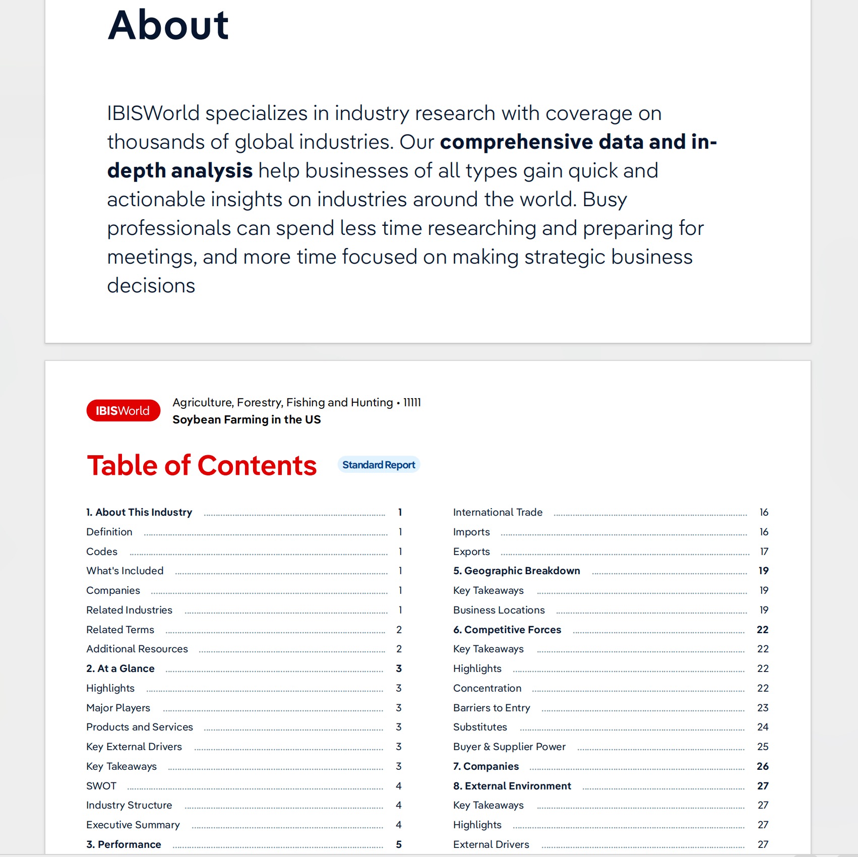 IbisWorld report contents show a fixed industry structure, geographic breakdown, competitive forces, and industry data sections