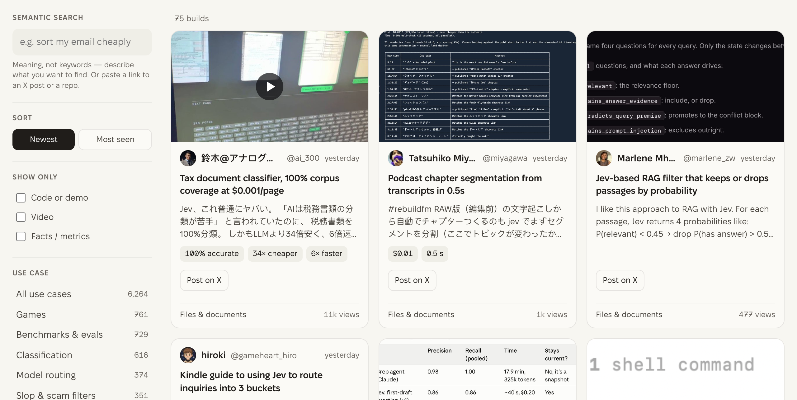 OpenChamber community directory showing verified real-world builds using Jev for files and documents