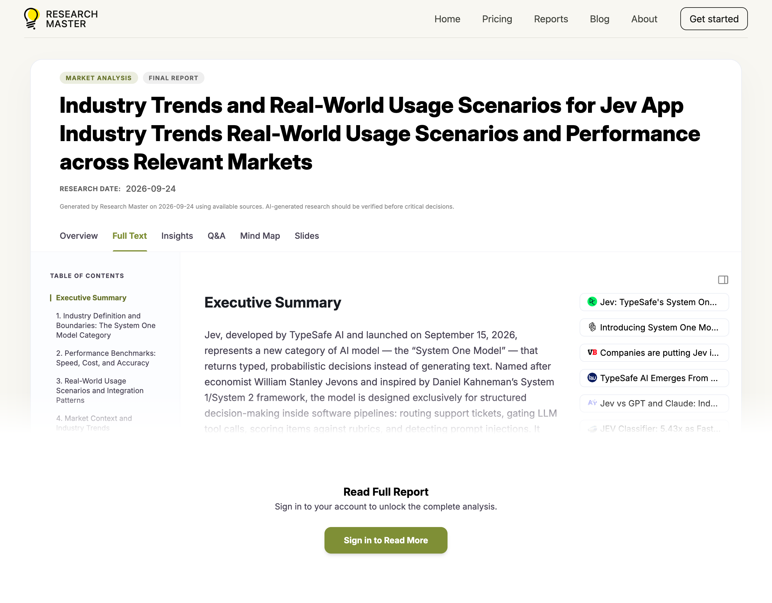 ResearchMaster comprehensive industry and benchmark report on Jev and the System One Model category