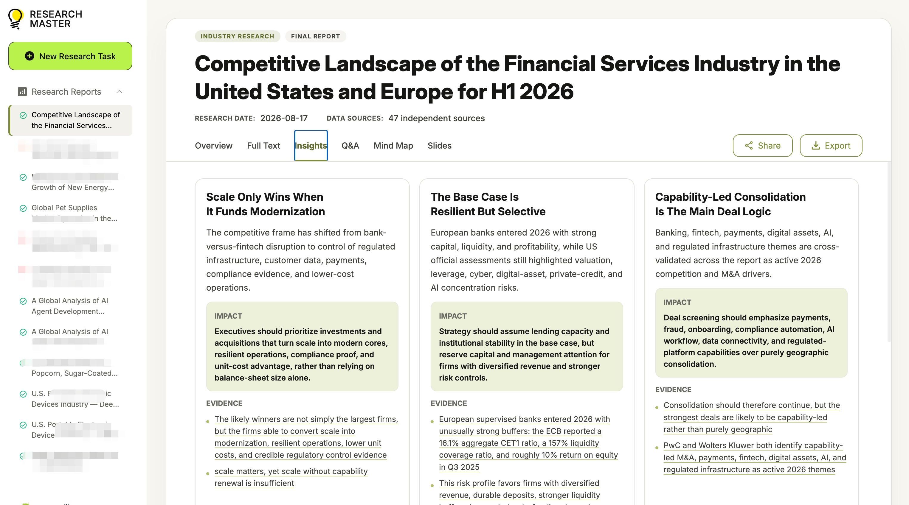 Research Master financial services report insights with source-backed evidence