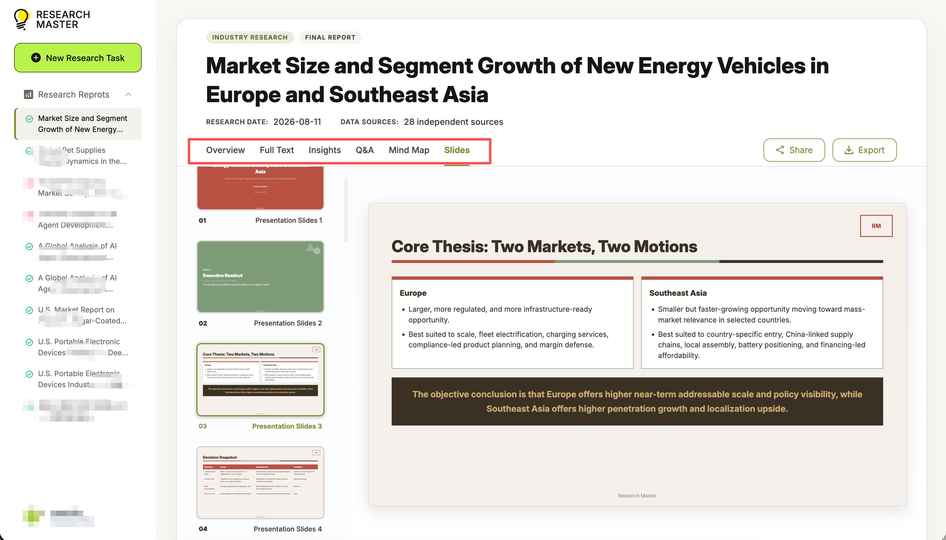 ResearchMaster presentation output for a new energy vehicle industry research report