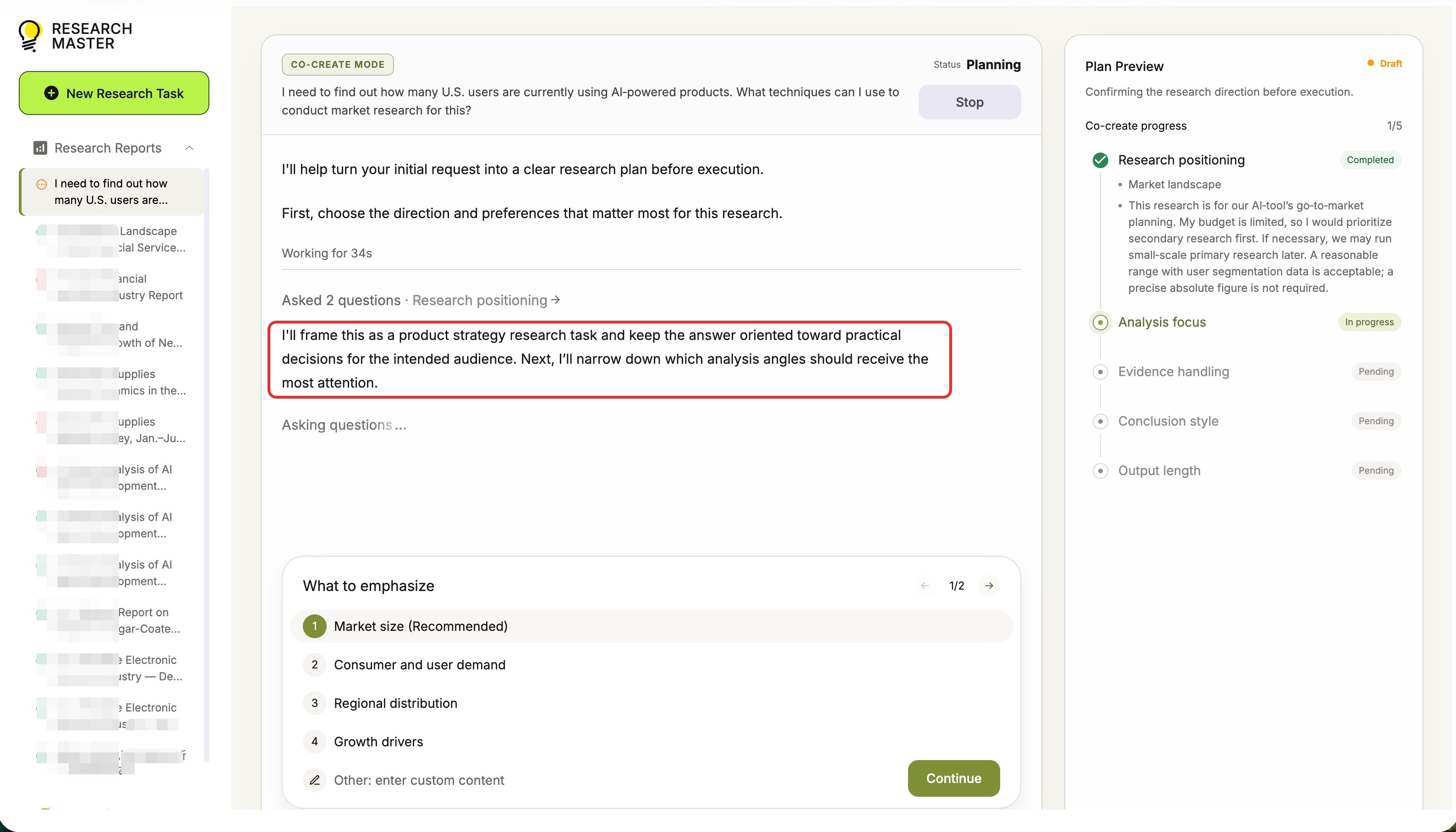 ResearchMaster Co-create Mode frames the task and lets the team select the research focus