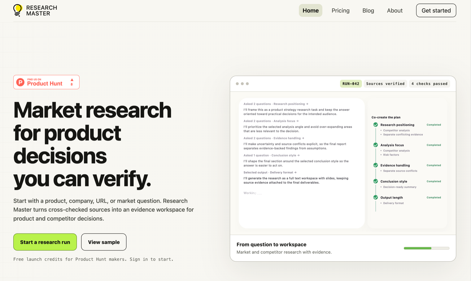 ResearchMaster homepage showing a source-verified workspace for market and competitor research