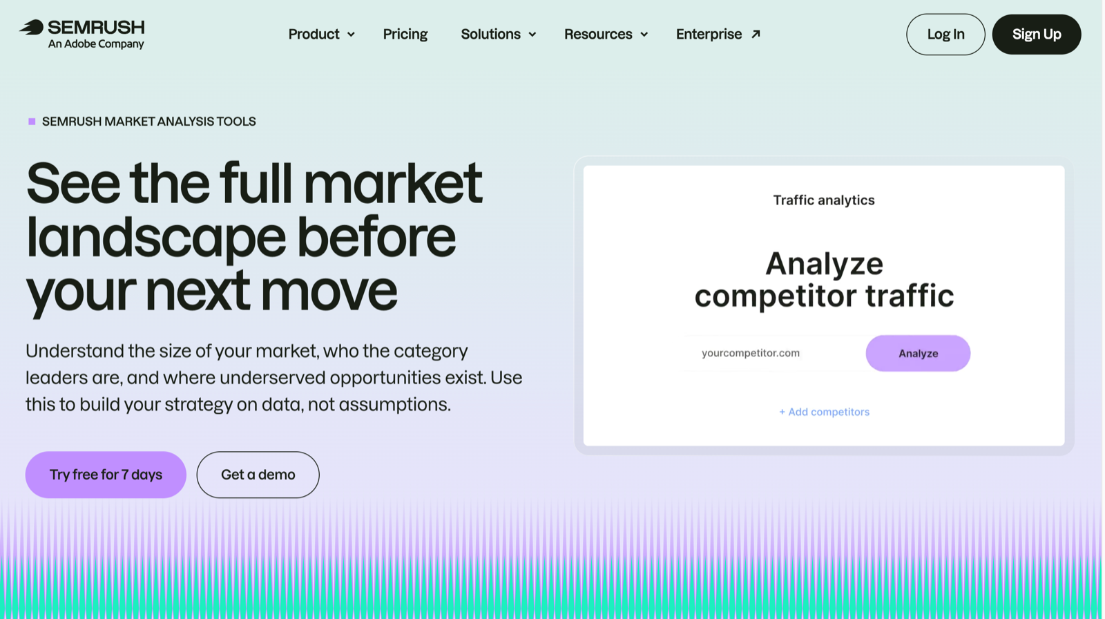 Semrush Market Explorer homepage showing traffic analytics and competitor analysis