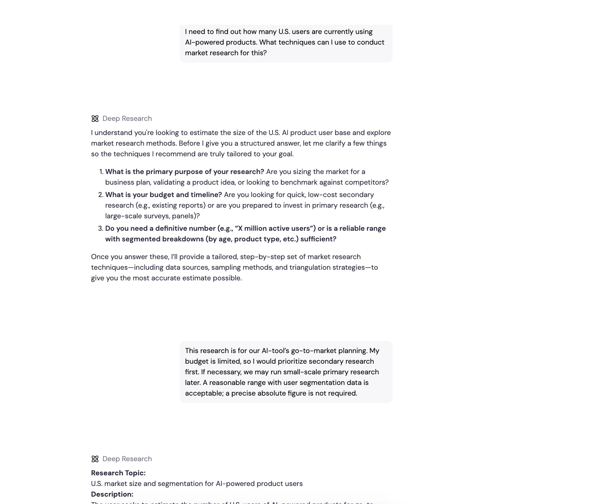 Sider asks about the research objective, budget, timeline, and level of precision before preparing the report