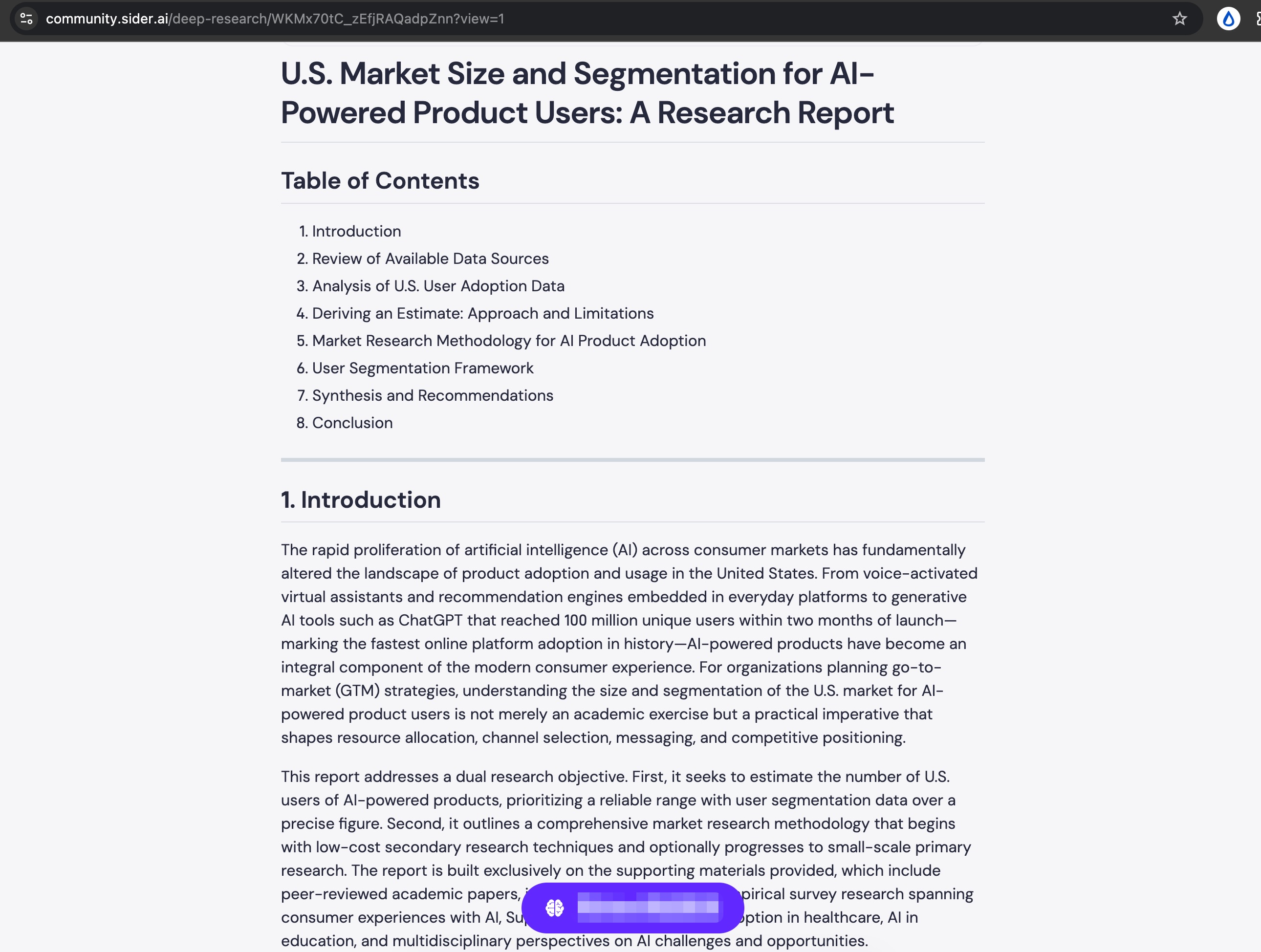 Sider report table of contents covering sources, adoption data, estimation, methodology, segmentation, and recommendations